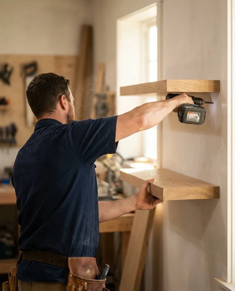 Skilled craftsman installing custom shelving