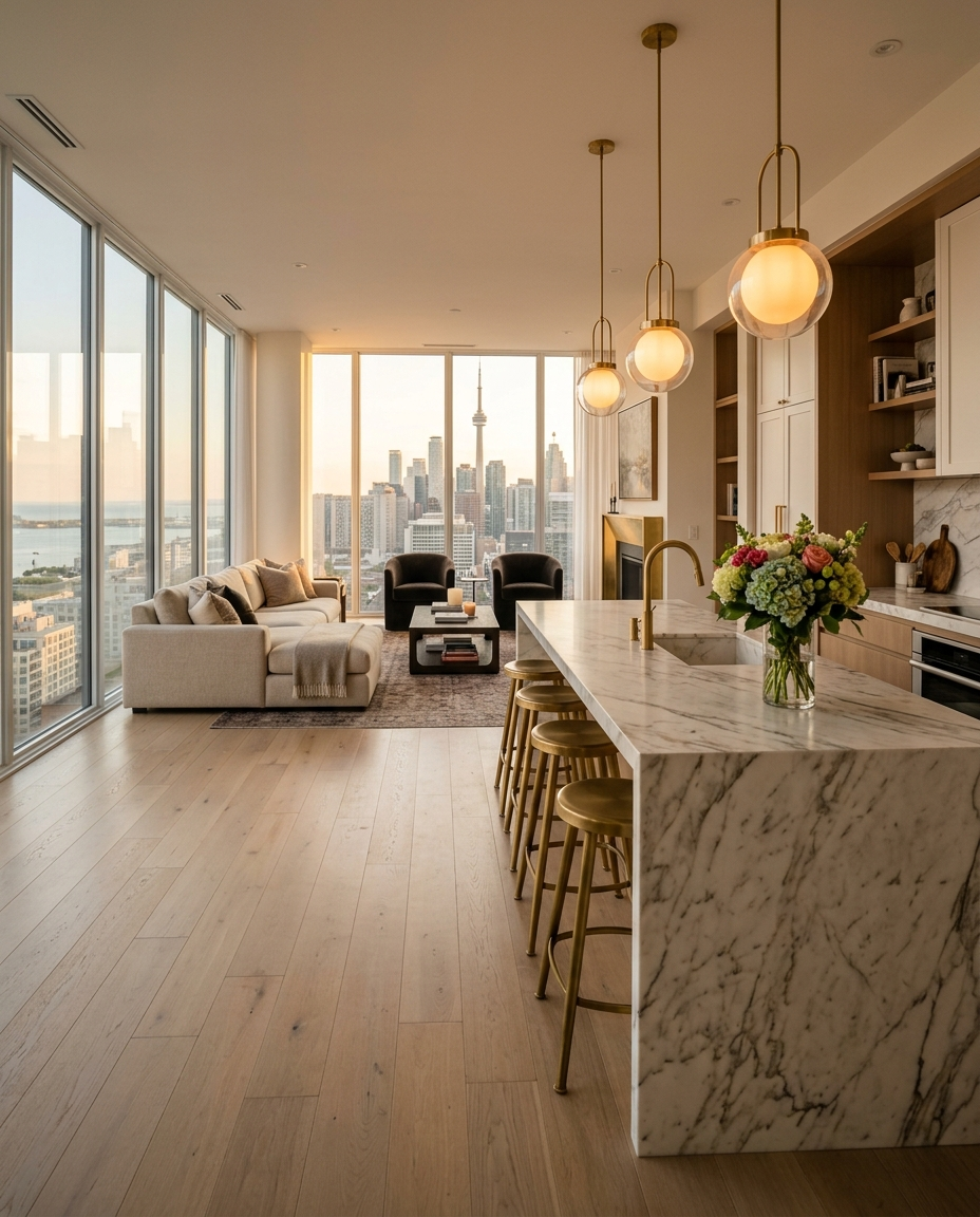Featured luxury renovation project — open concept kitchen with Toronto skyline