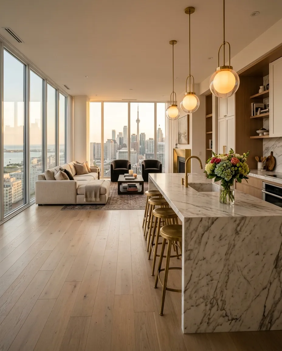 Featured luxury renovation project — open concept kitchen with Toronto skyline